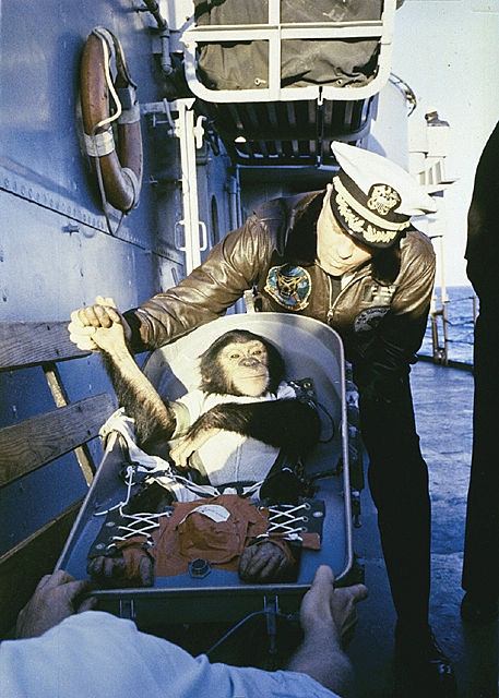 Chimpanzee Astronaut Ham recovered at sea by USS Donner after Flight