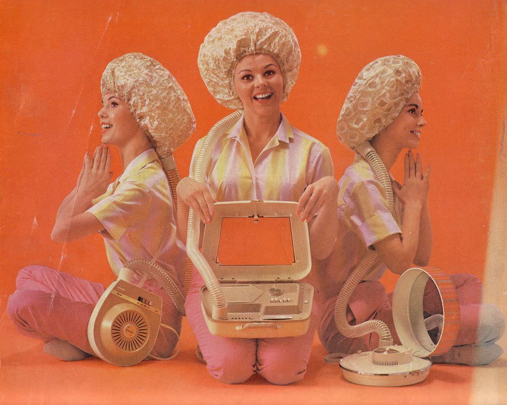 Hooded Portable Hair Dryers for Women at Home From the 1960s and 1970s