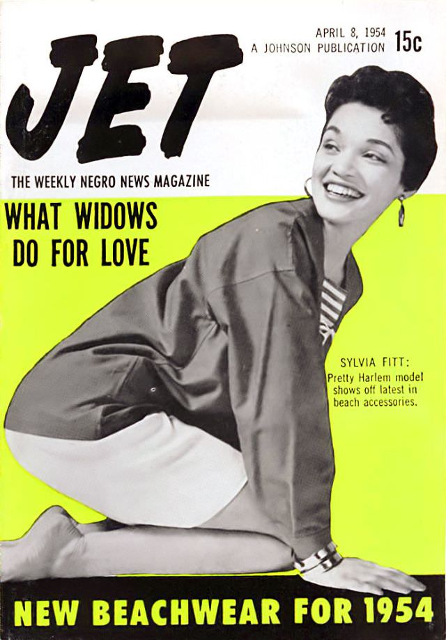Sylvia Fitt of New York Models Beachwear, Jet Magazine, April 8, 1954