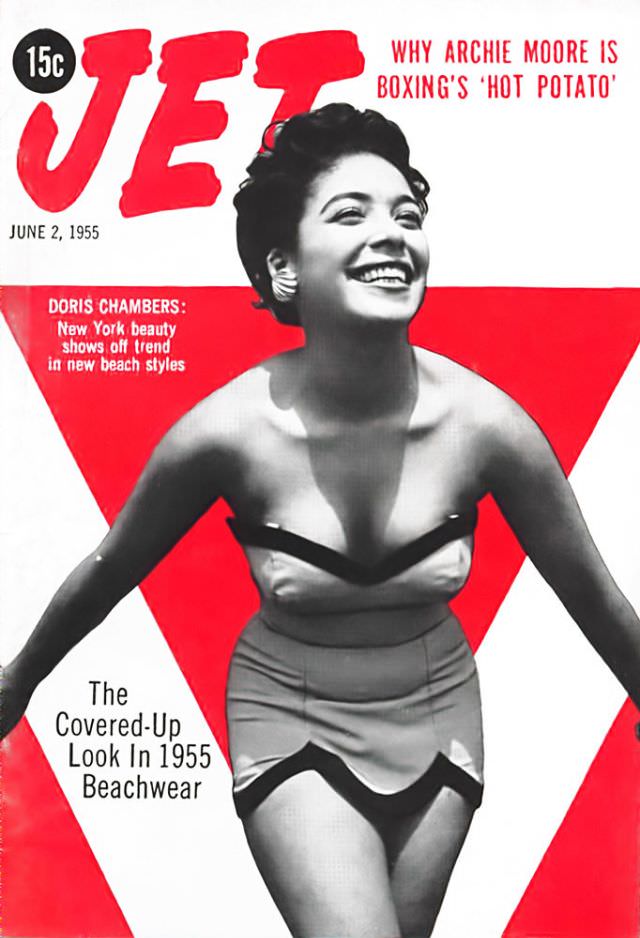 Doris Chambers Models The Covered Up Look in 1955 Beachwear, Jet Magazine, June 2, 1955
