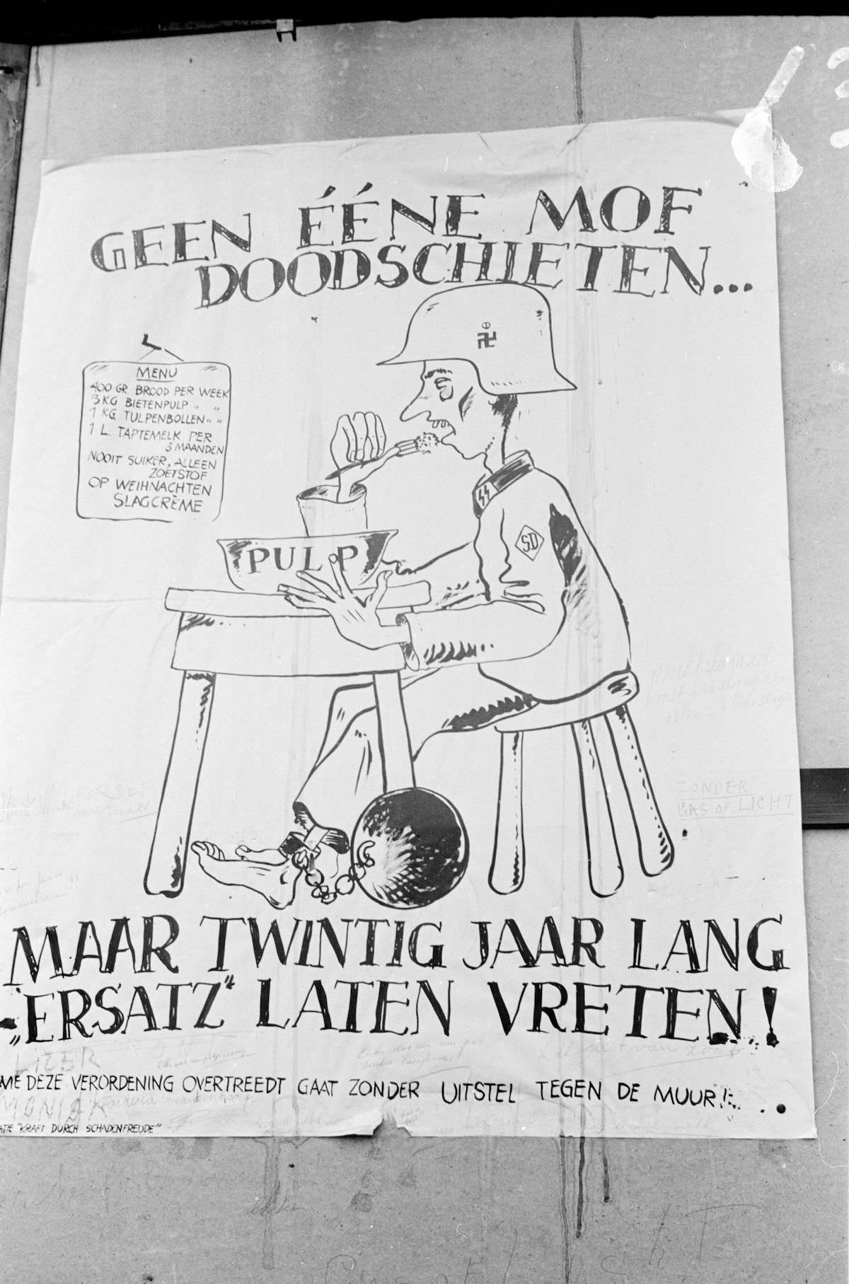 Photo from the Huizinga collection of the NIOD. Cartoon posted on the Buitenhof, against the former German occupier because of hunger during the occupation.