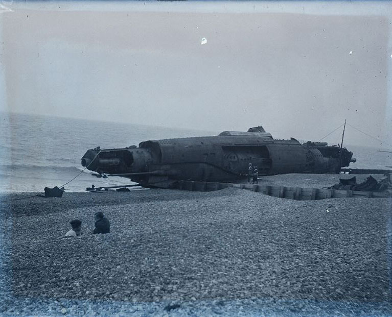 Beached submarine, possibly German U-Boat U131 at Hastings, East Sussex