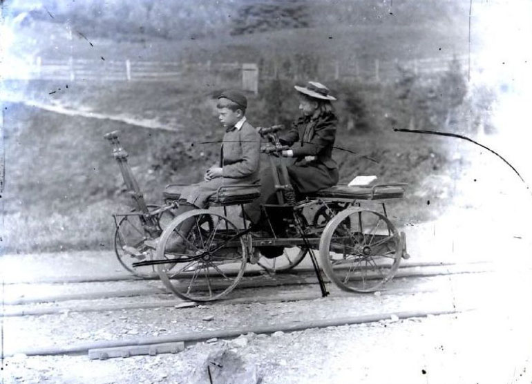 Mystery hand-powered cart on railway track