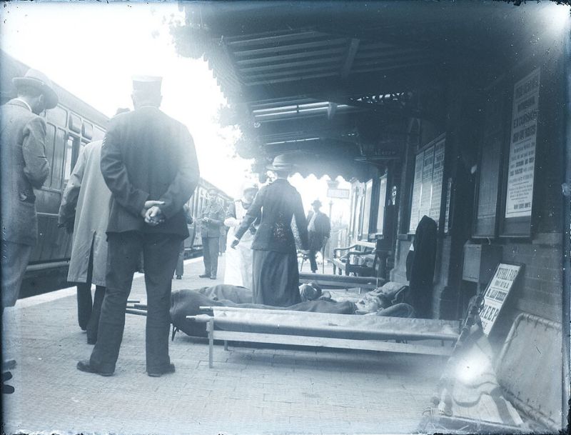 Wounded soldiers on railway platform