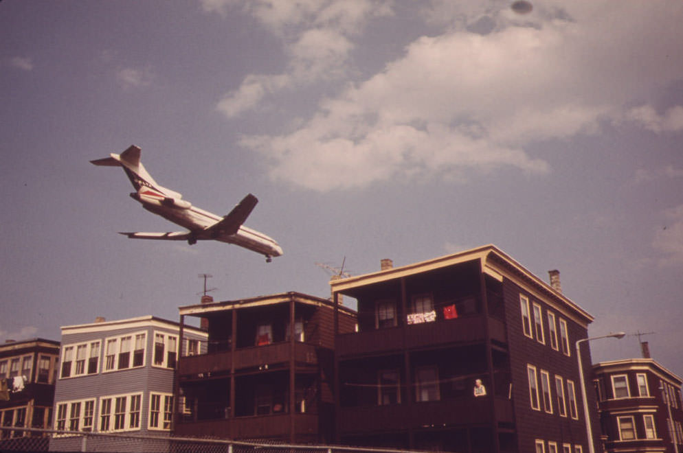 Near Logan Airport - Airplane Coming in for Landing Over Frankfort Street at Lovell Street Intersection, 1973