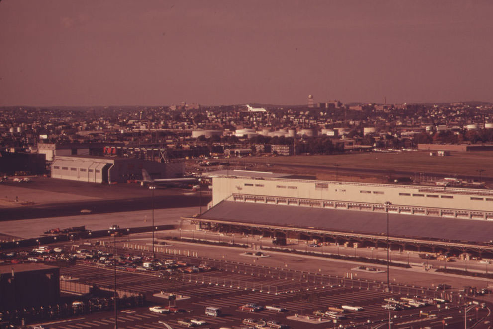 Looking North from the 16th Floor Observation Deck at Logan Airport. The Airplane Is Coming in for a Landing Over the Neptune Road Area, 1973