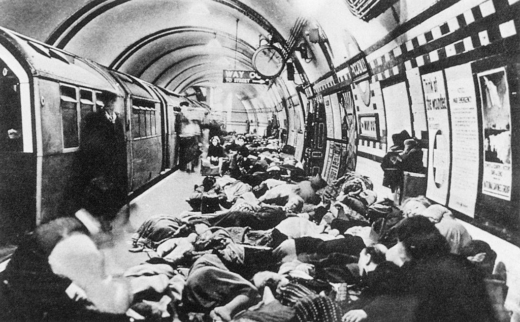 Underground tunnels and stations serving as shelters during the german bomb attacks on London. End of 1940