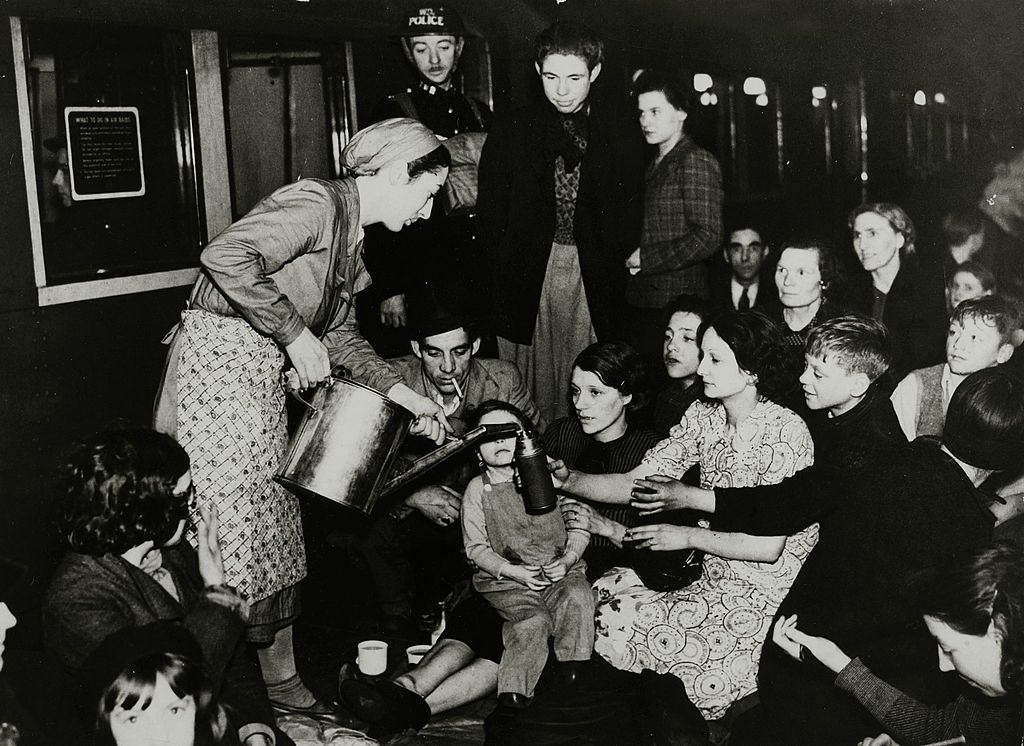 An underground canteen at work serving tea to people sheltering at Holland Park Station.