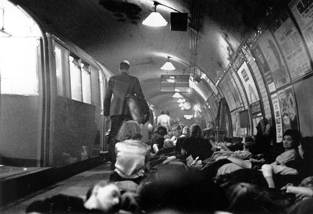 Londoners sheltering in an underground station during an air raid, 1940