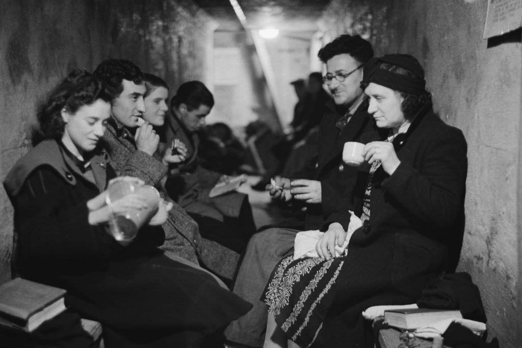 A group of people in an air raid shelter during the Blitz, London, October 1940.