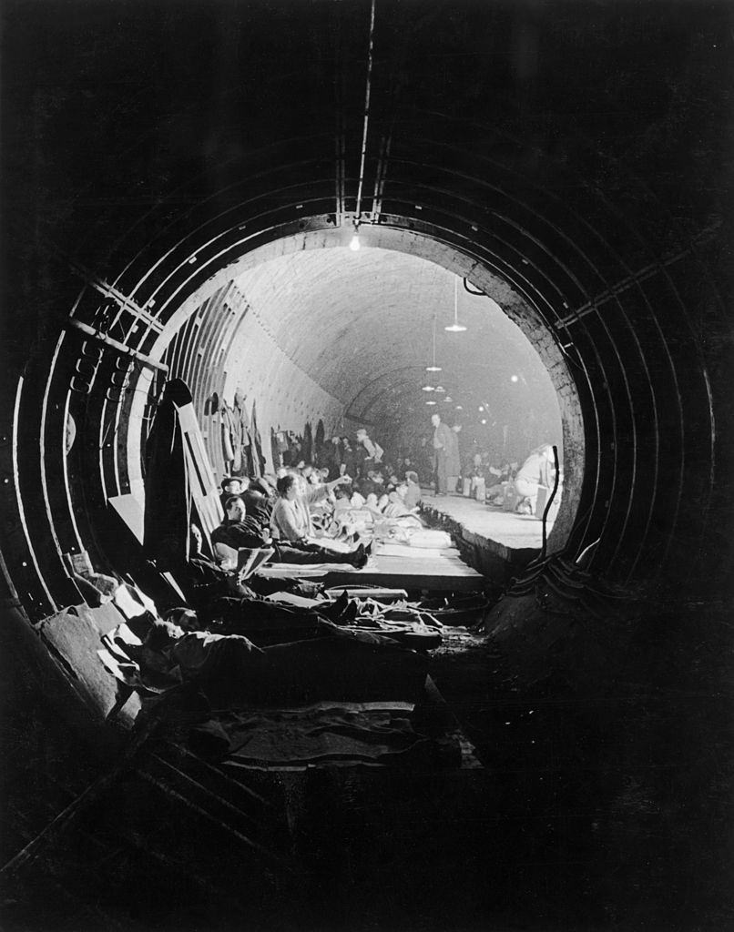 British citizens take shelter in an underground tube station during the Blitz phase of the Battle of Britain, 1940