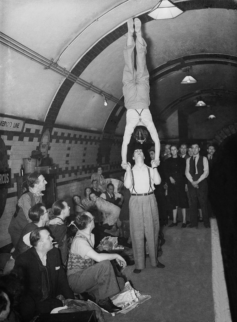 Acrobats in Tube during Air Raid in London, 1940