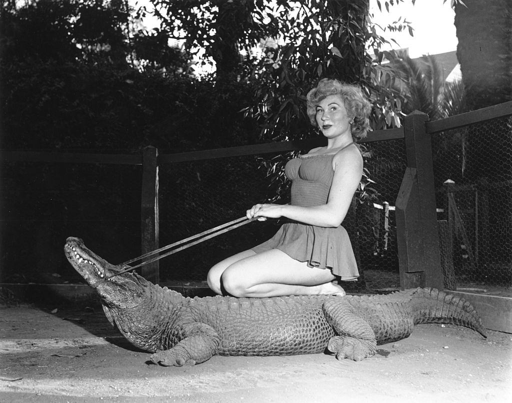 A woman poses for a portrait while riding an alligator at The Los Angeles Alligator Farm.