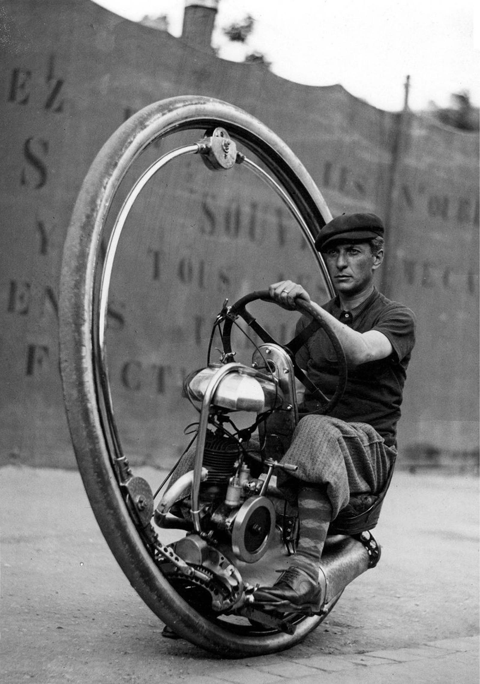 Davide Chislagi, the Italian inventor, testing his single-wheel engine, 1933.