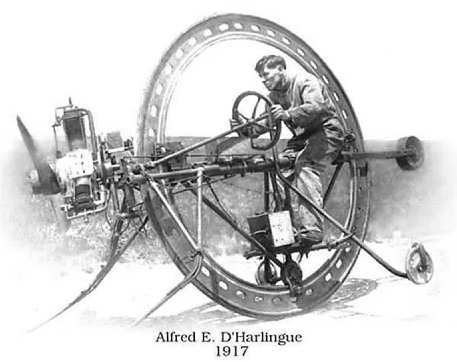 The D’Harlingue Monowheel with its inventor in 1917.