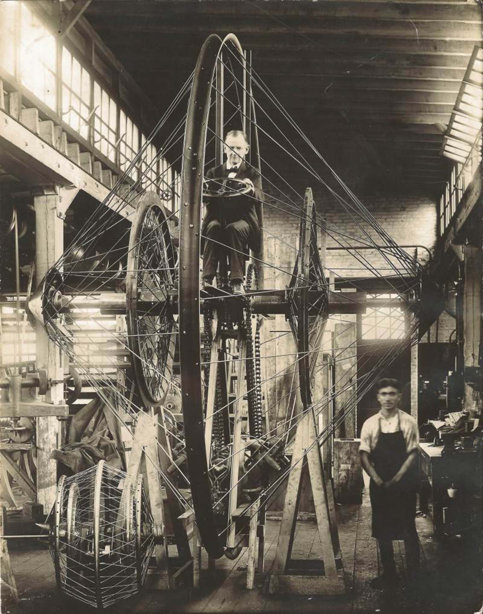 Professor E.J. Christie atop a version of his 14 foot monster monowheel in 1923, which may or may not have been tested.