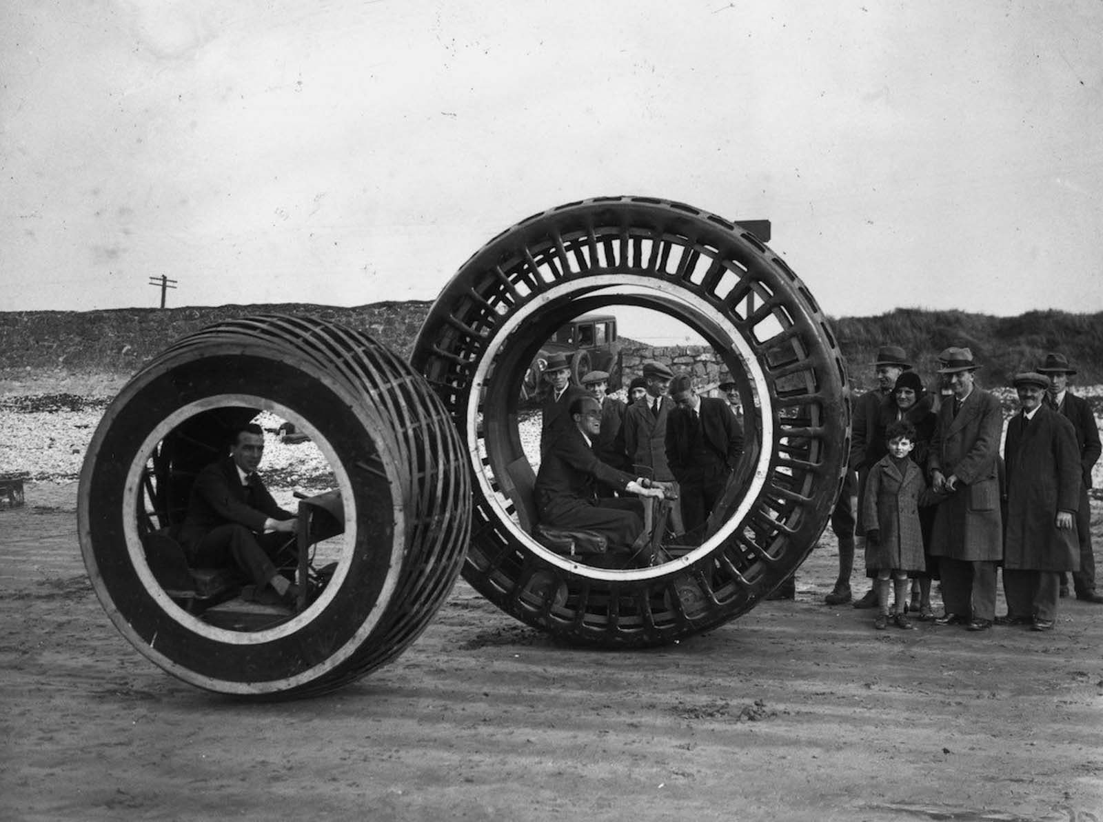Dynasphere wheels being driven on Beans Sands near Weston-super-Mare, Somerset, England.