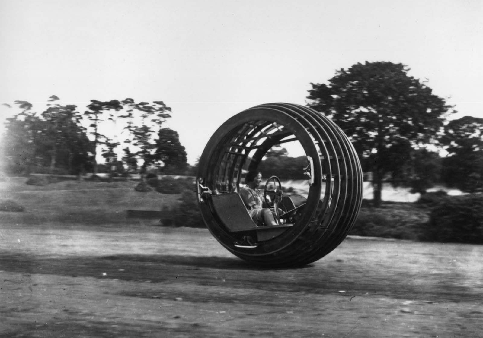 A Dynasphere being demonstrated at Brooklands race track, Surrey, England, 1932.