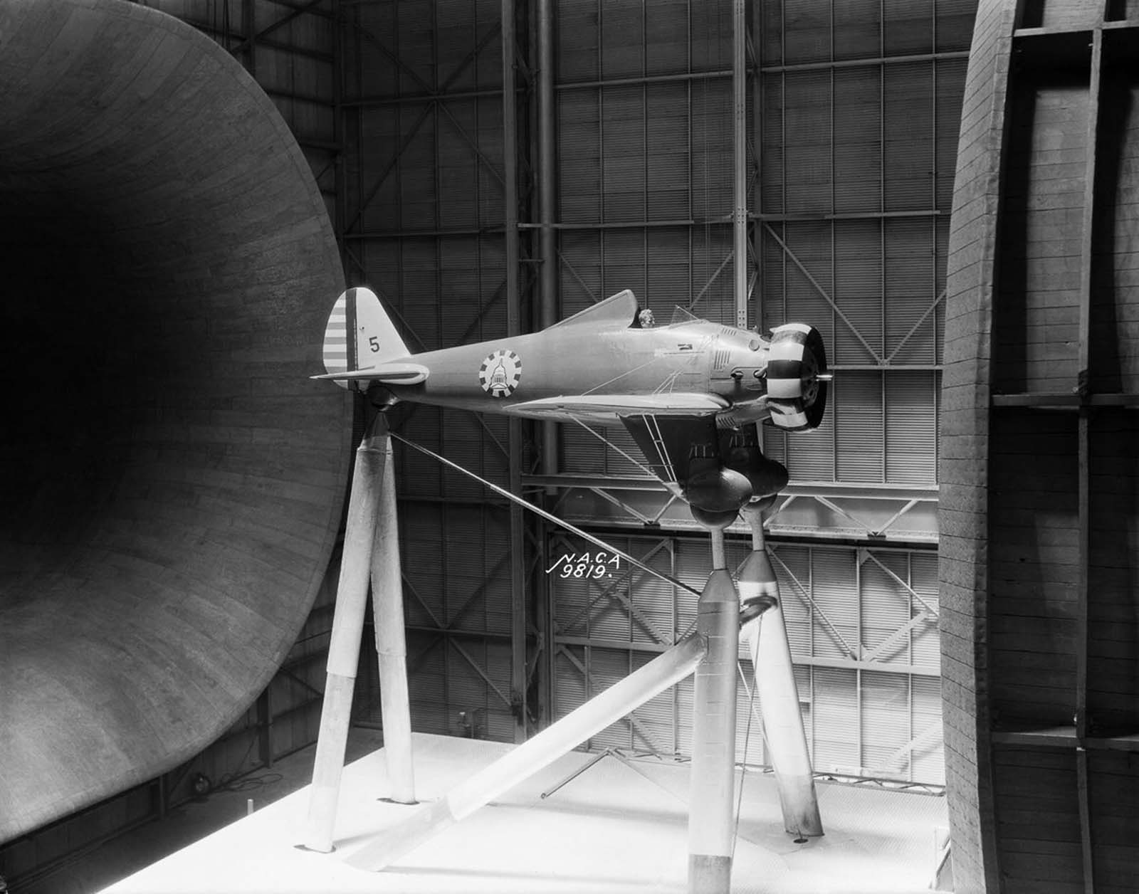A Boeing P-26A fighter mounted in the 30 x 60 Full Scale Tunnel.