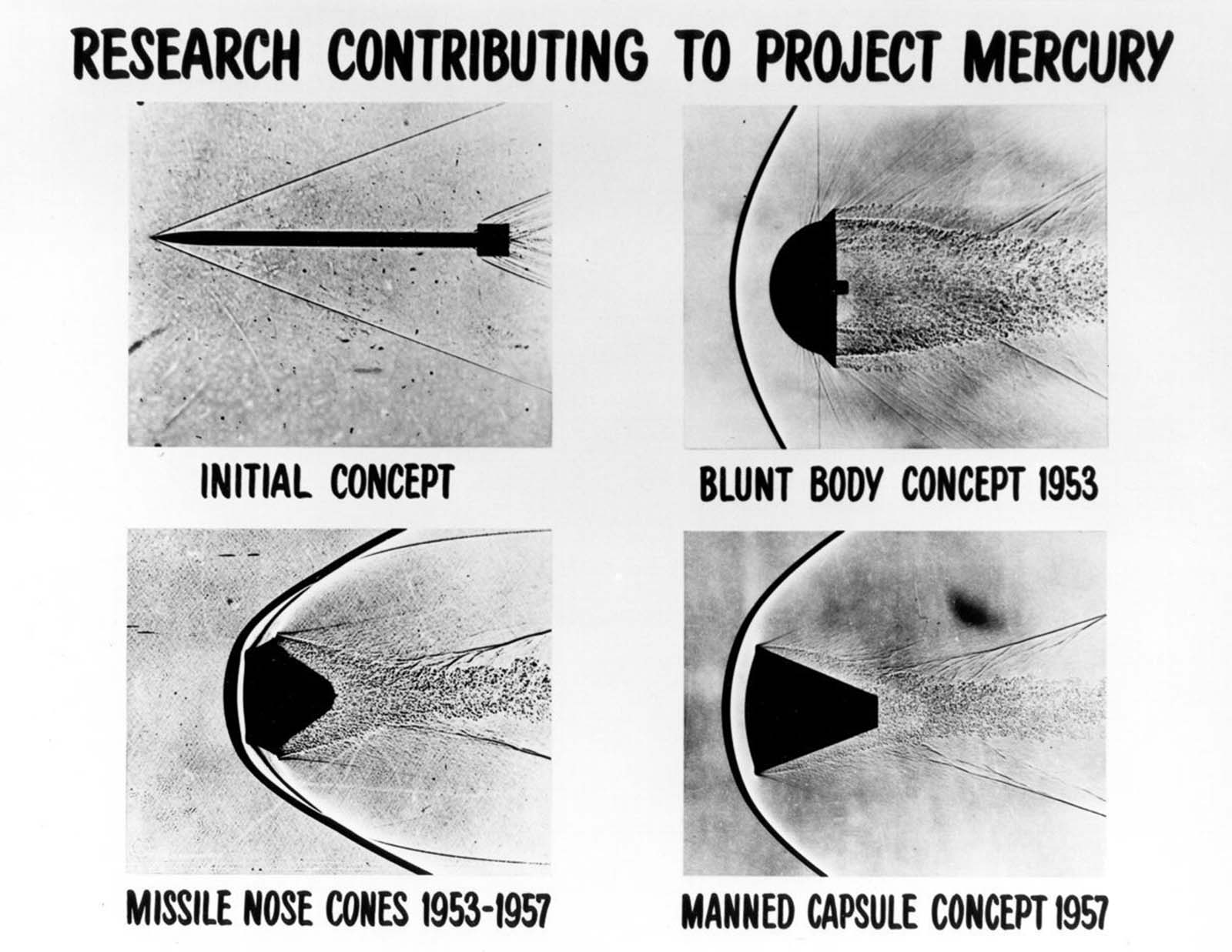 Shadowgraphs of fluid disturbances around high-velocity vehicles demonstrate how a blunt-bodied vehicle produces a shockwave in front of the vehicle, which allows it to stay cooler during reentry, 1960.