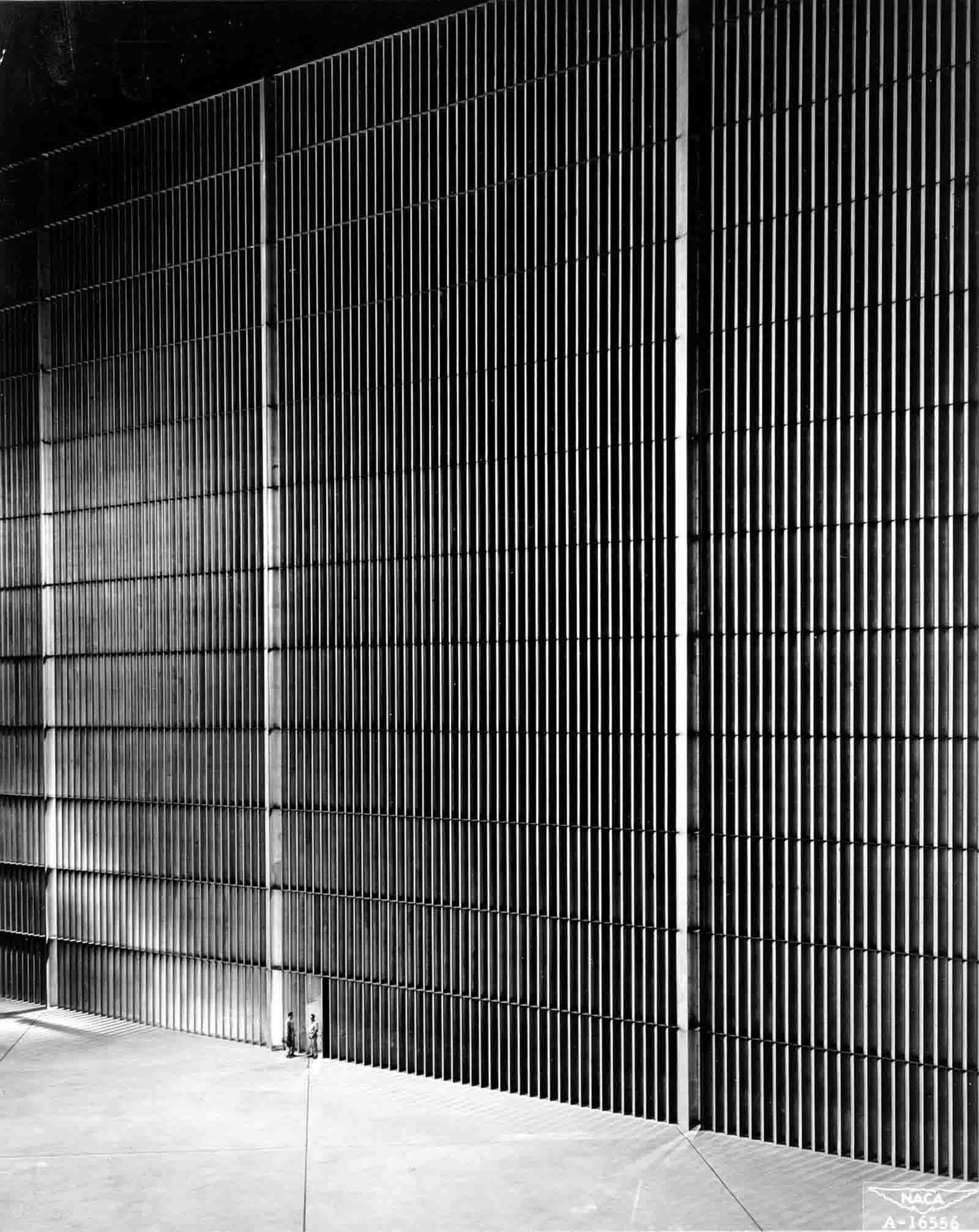 A 10-story bank of vanes which turn the air around one of the four corners of the 40 x 80-foot Wind Tunnel at Ames Research Center.