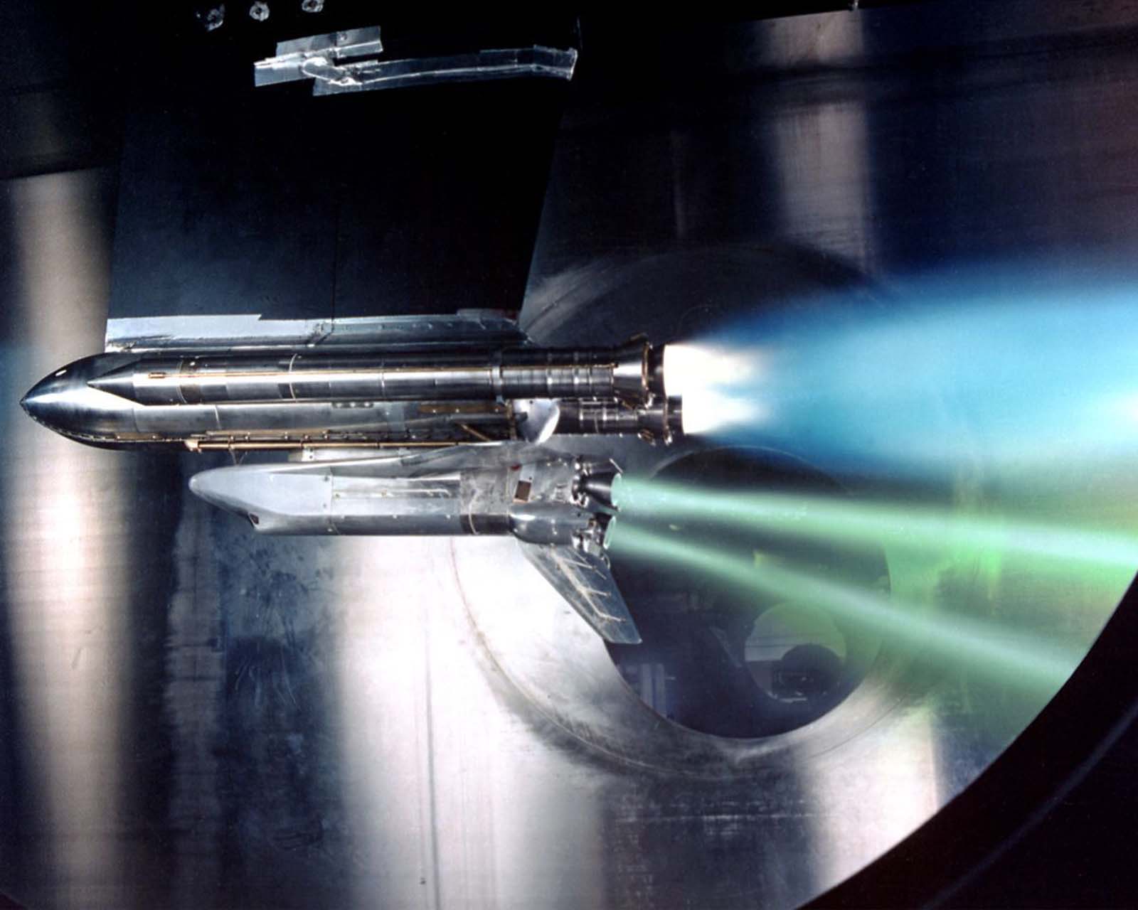 A test of Space Shuttle main engine failure at the John H. Glenn Research Center, 1988.