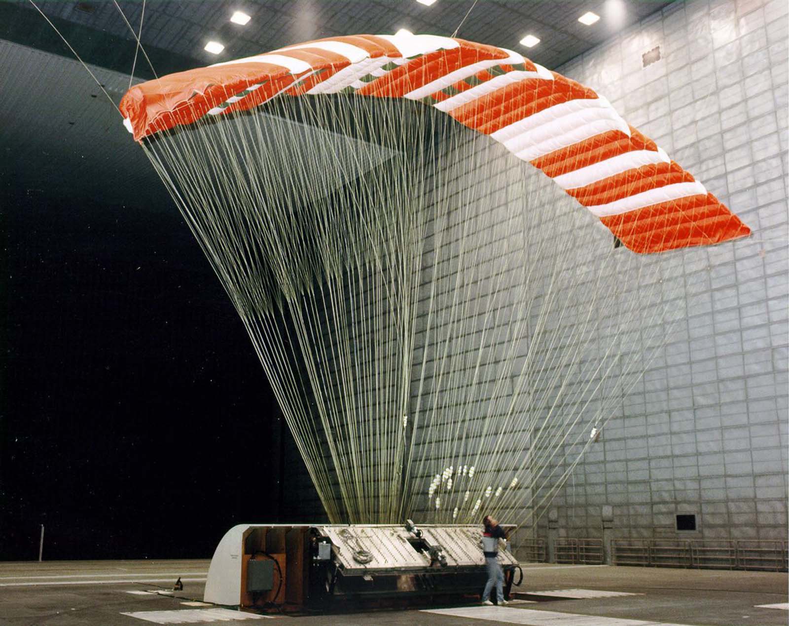 The Pioneer Aerospace Parafoil undergoes testing in the world’s largest wind tunnel, the 80 x 120-Foot Tunnel at NASA’s Ames Research Center in Mountain View, 1990