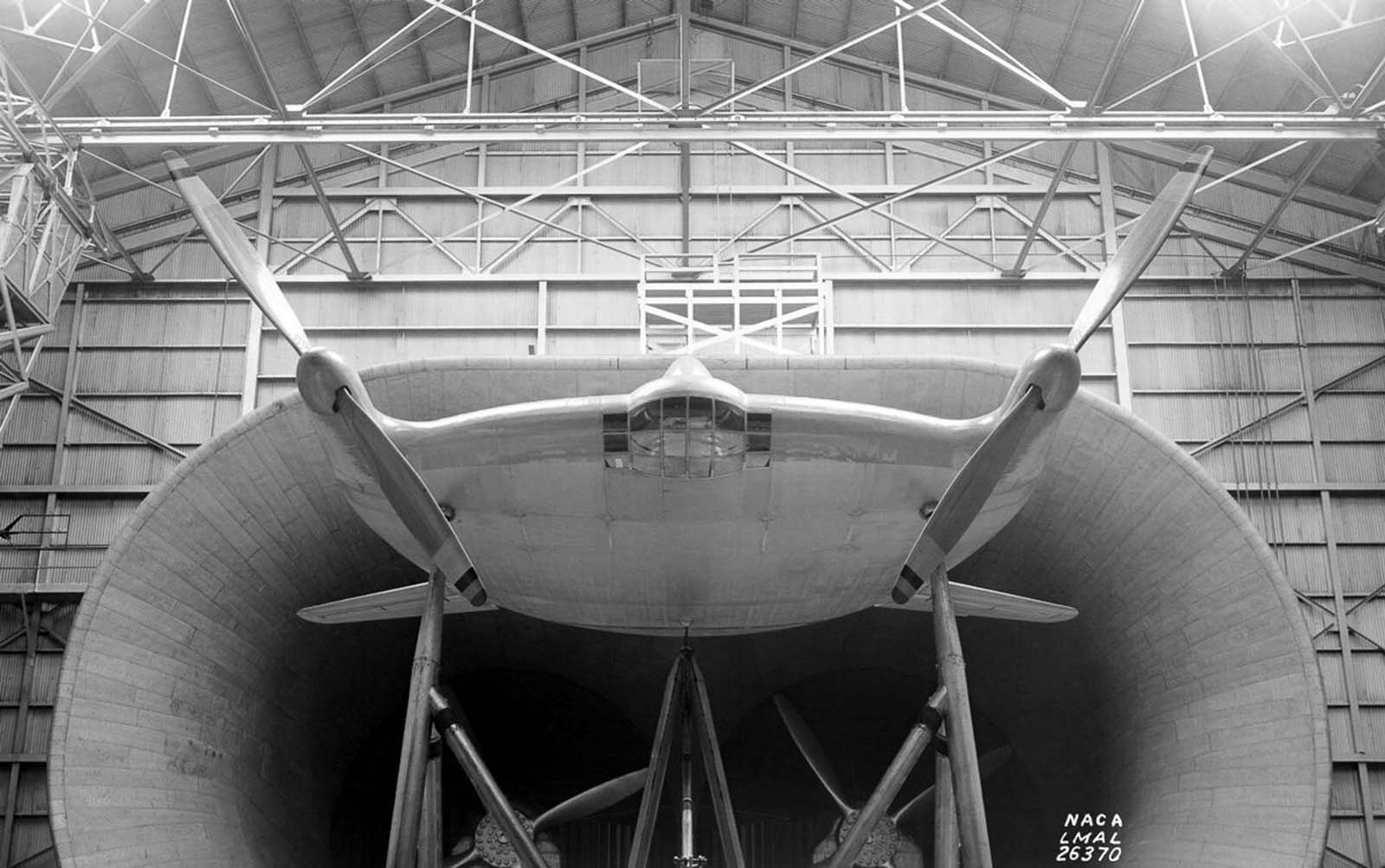 A prototype Vought-Sikorsky V-173 airplane mounted in the Full Scale Wind Tunnel, 1941.