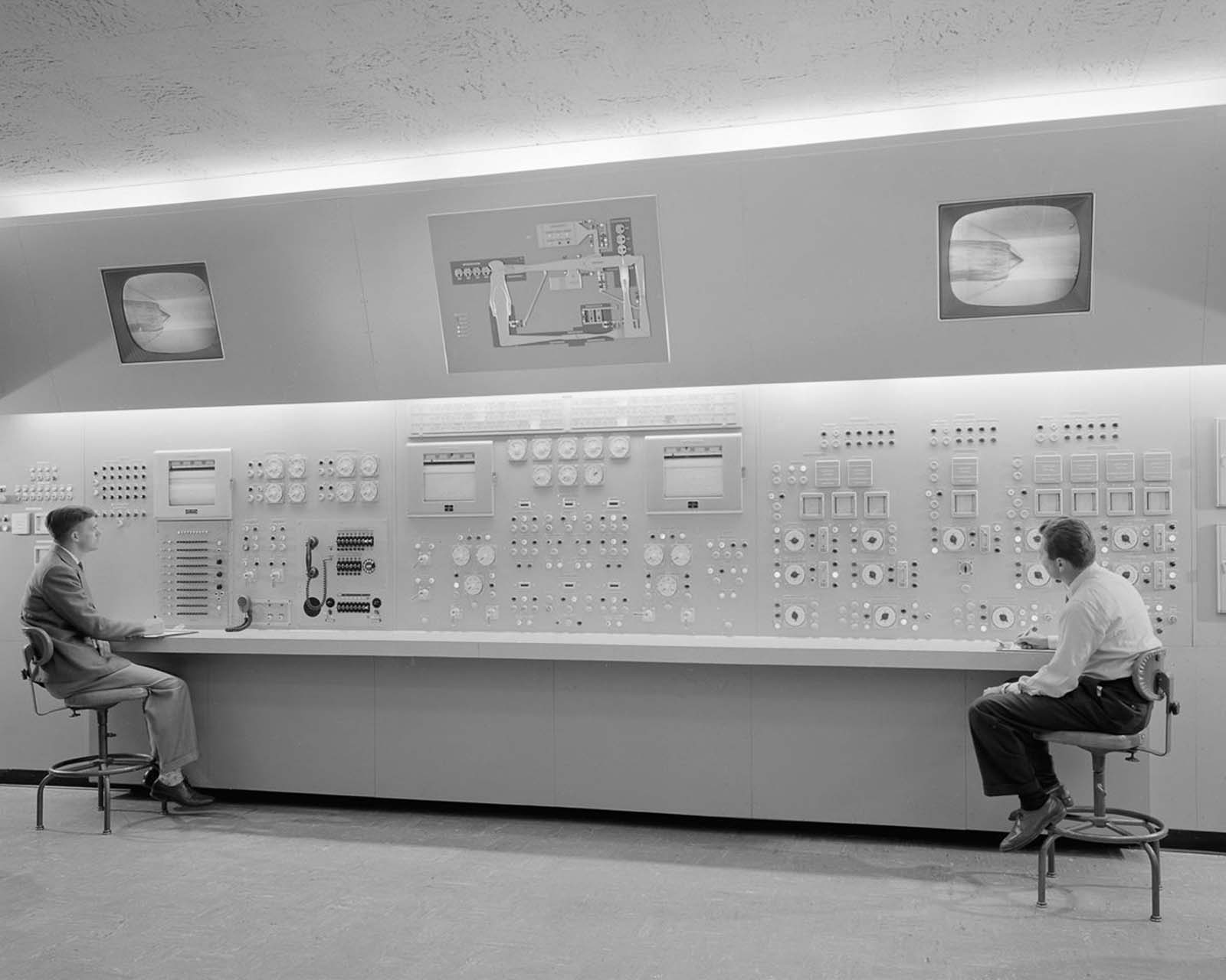 One of three control panels in the control room of the Lewis Unitary Plan Wind Tunnel, 1955.