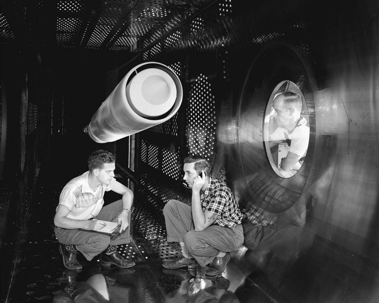 An ACN Nozzle model in the 8 x 6-foot Supersonic Wind Tunnel Test-Section, 1957.