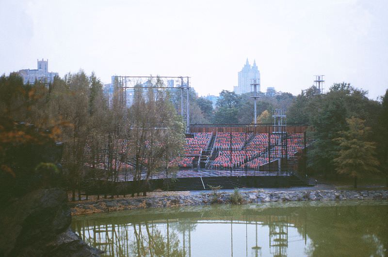 Delacorte Theatre in Central Park (west side off 80th Street) on a rainy day - Summer of 1979