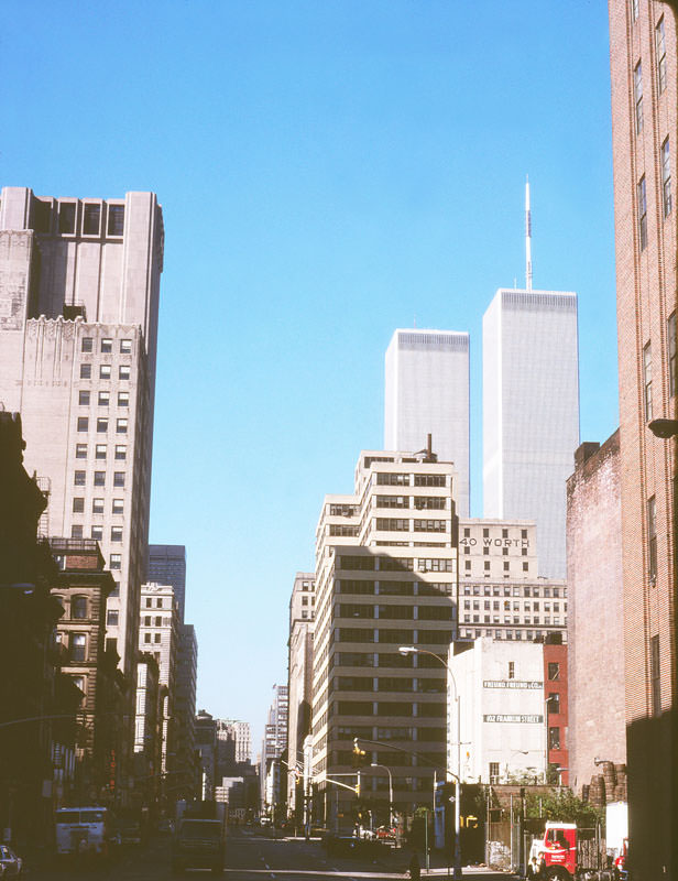 Looking south along Church Street near Leonard Street, a view of the Twin Towers, Spring 1980