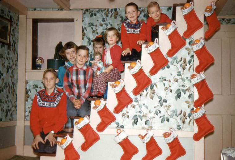 Children on stairs, Christmas 1958