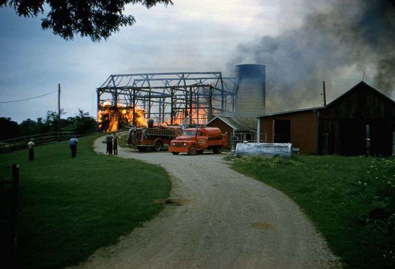 Fire scene attended by the Selma Fire Department, Alabama, 1958
