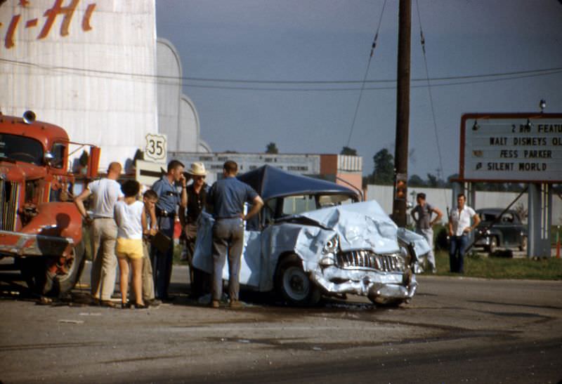 Wrecked car, Route 35, July 1958