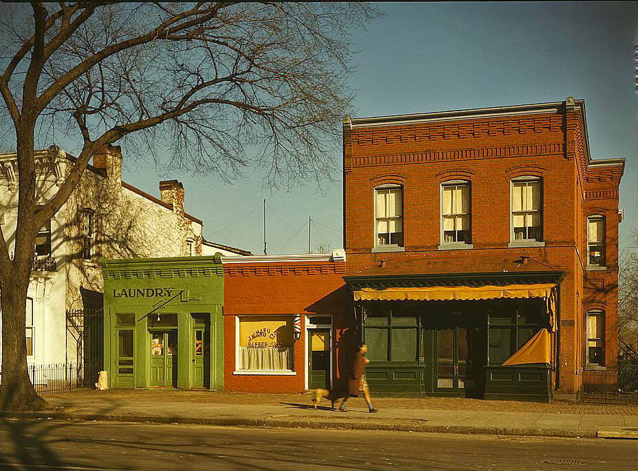 Laundry, barbershop and stores, Washington, D.C., 1950s