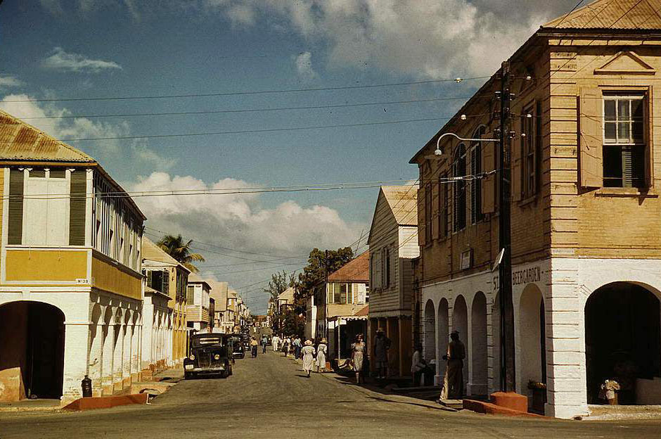 The main shopping street, Christiansted, Saint Croix, Virgin Islands, 1950s