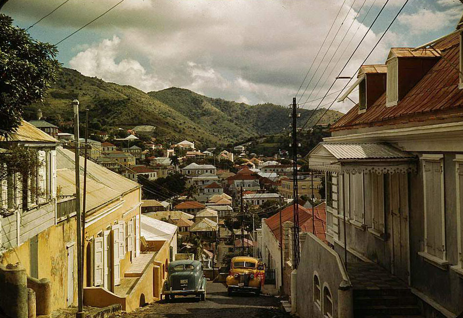 One of the steep streets on the hillsides, Charlotte Amalie, St. Thomas, Virgin Islands, 1950s