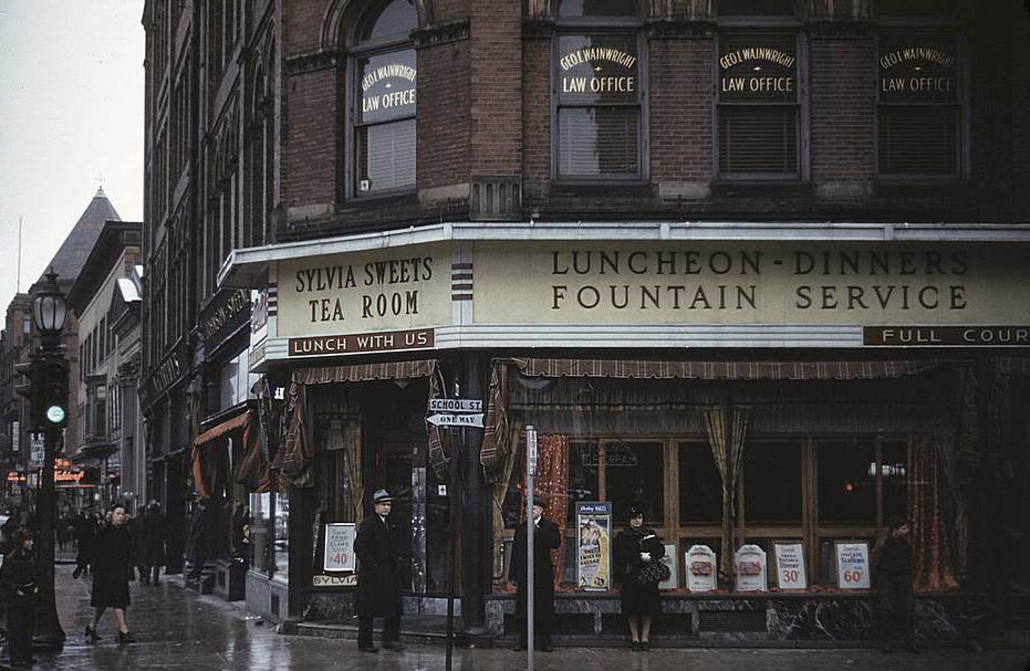 Sylvia Sweets Tea Room, corner of School and Main streets, Brockton, Massachusetts, 1950s