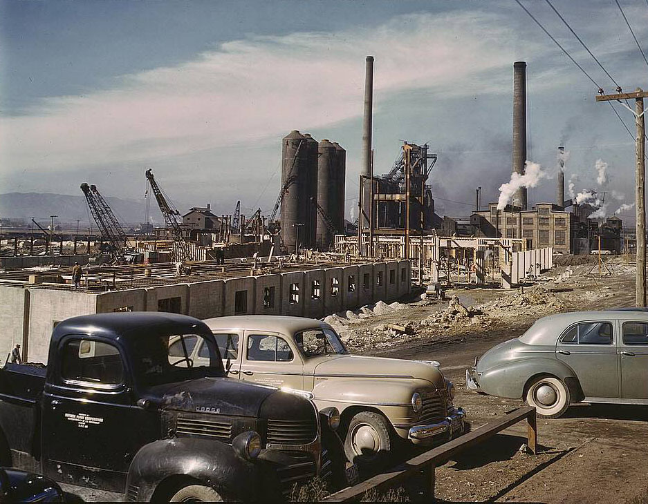 Steel and concrete go into place rapidly as a new steel mill takes form, Columbia Steel Co., Geneva, Utah, 1950s