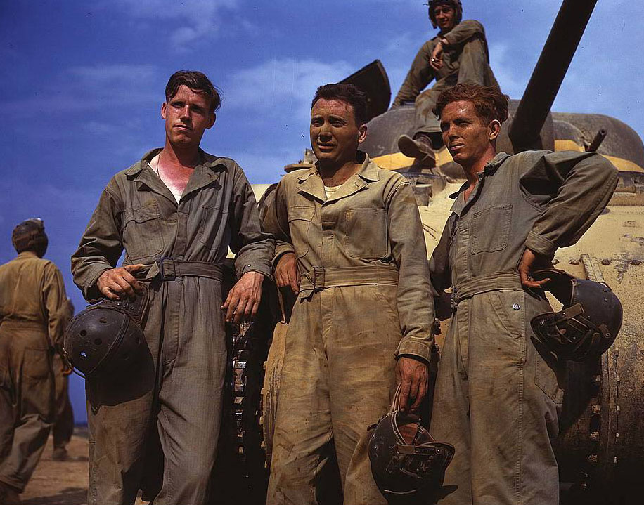 Tank crew standing in front of M-4 tank, Ft. Knox, Kentucky, 1950s