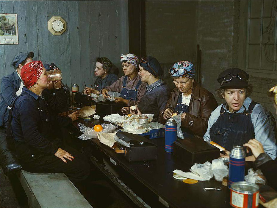Women workers employed as wipers in the roundhouse having lunch in their rest room, C. & N.W. R.R., Clinton, Iowa, 1950s