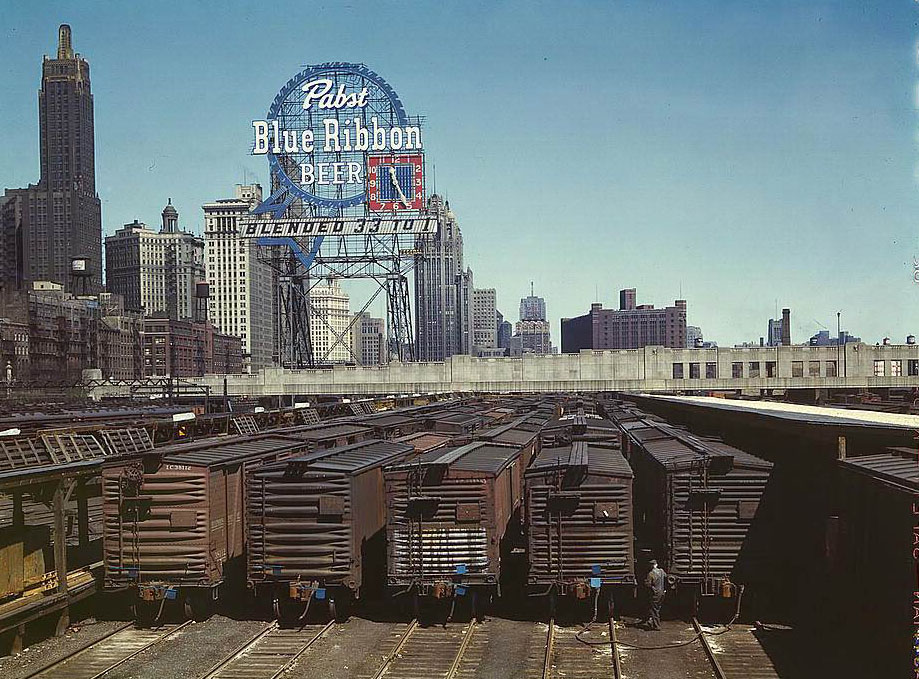 General view of part of the South Water Street freight depot of the Illinois Central Railroad, Chicago, Illinois, 1950s