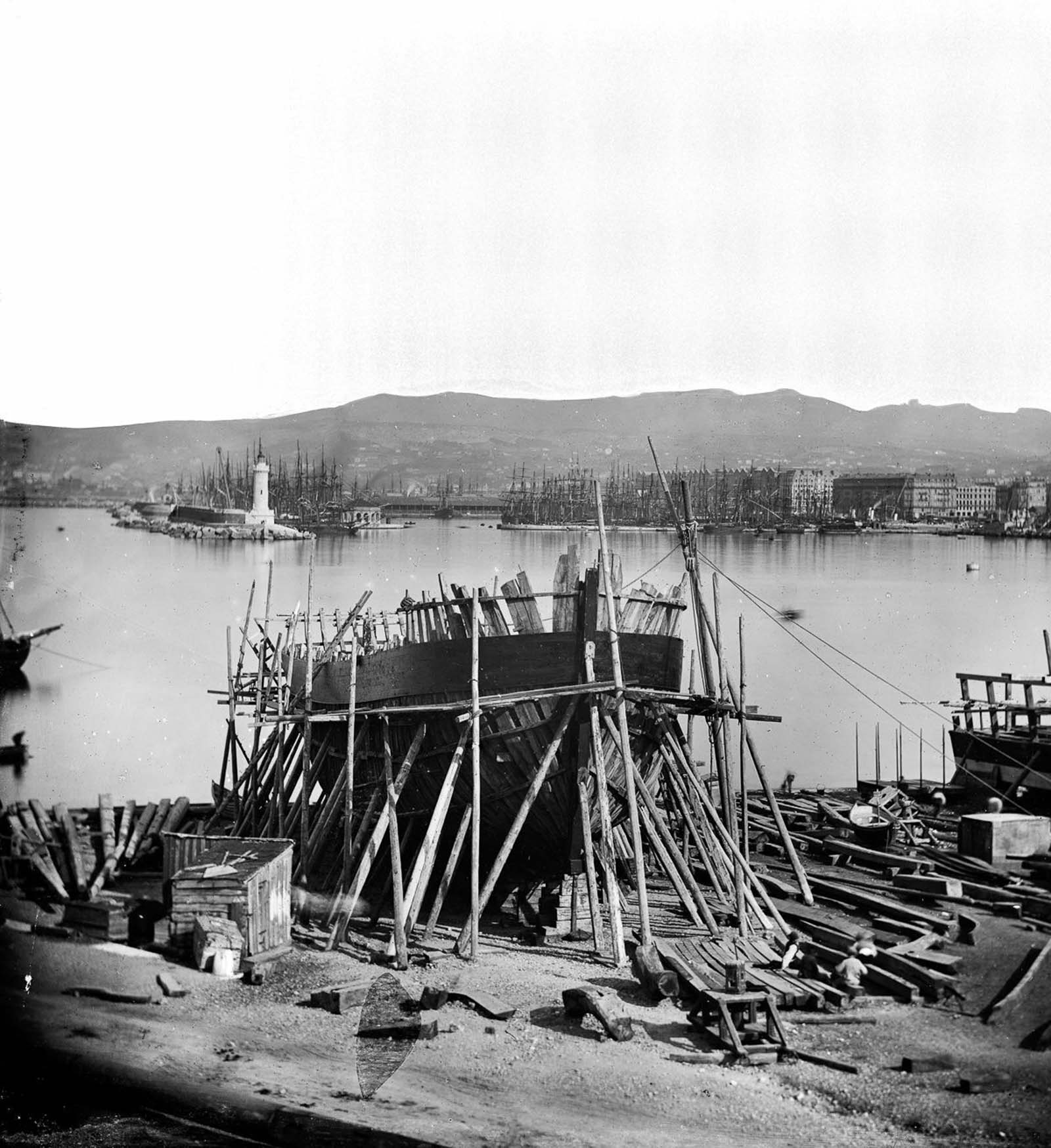 A ship under construction in Marseilles, France, 1860.