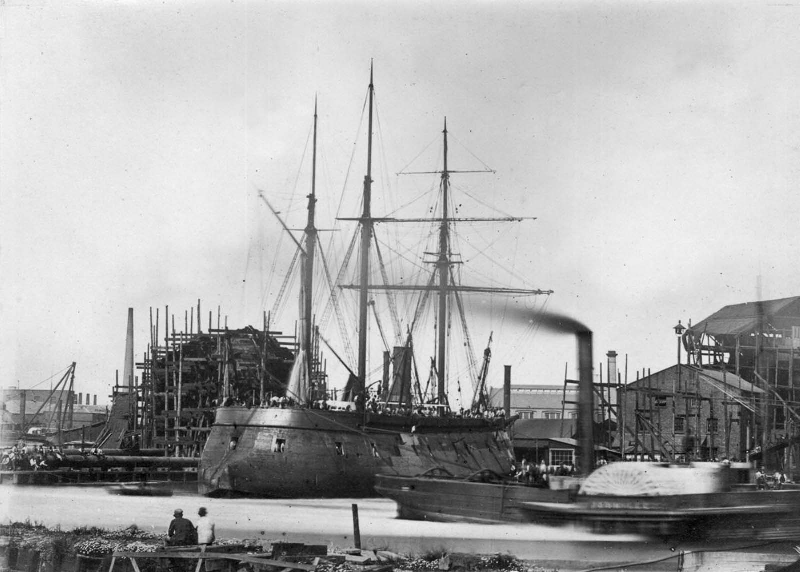 An iron-cased Russian battery ship in dock, 1863.