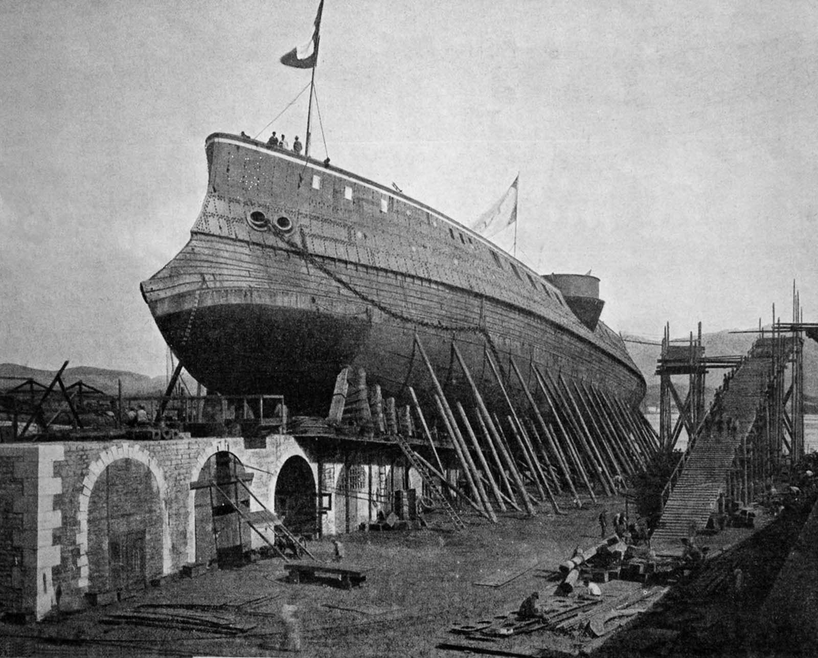 The launch of the Le Chantier du Marceau warship in Seyne-sur-Mer, Cote d’Azur, France, 1884.