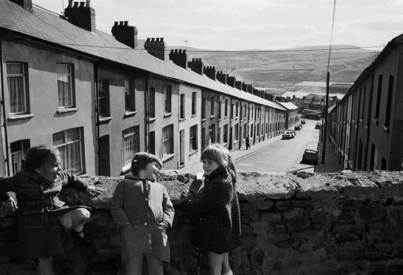 Children playing on their way home from school, Rhymney