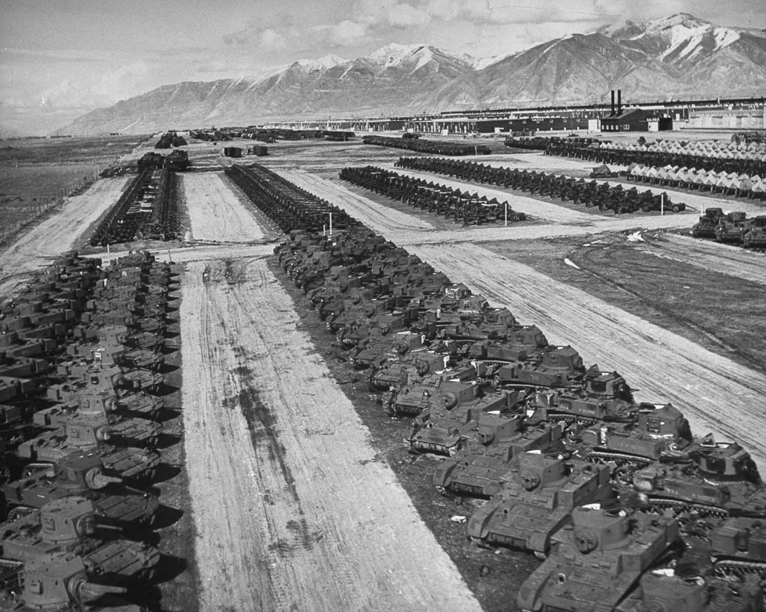 Armored vehicles sit in storage at a U.S. facility, 1946.