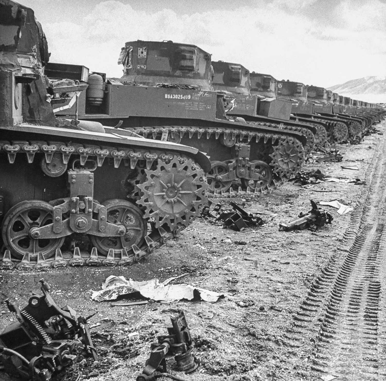 Obsolete M3A1 Light tanks sit in a U.S. Army depot, 1946.