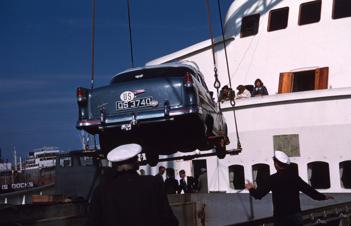 Loading car at Newcastle to go to Oslo, 1955